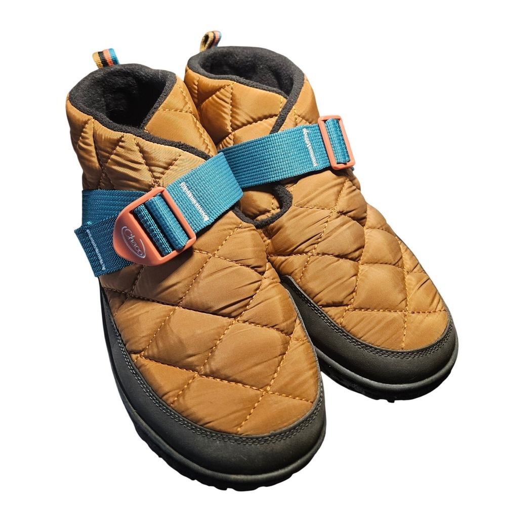 Chaco Ramble Puff Boots Women 9 Caramel Brown Blue Quilted Fleece JCH109328